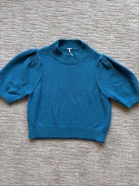 Free People Teal Puff Sleeve Mock Neck Sweater